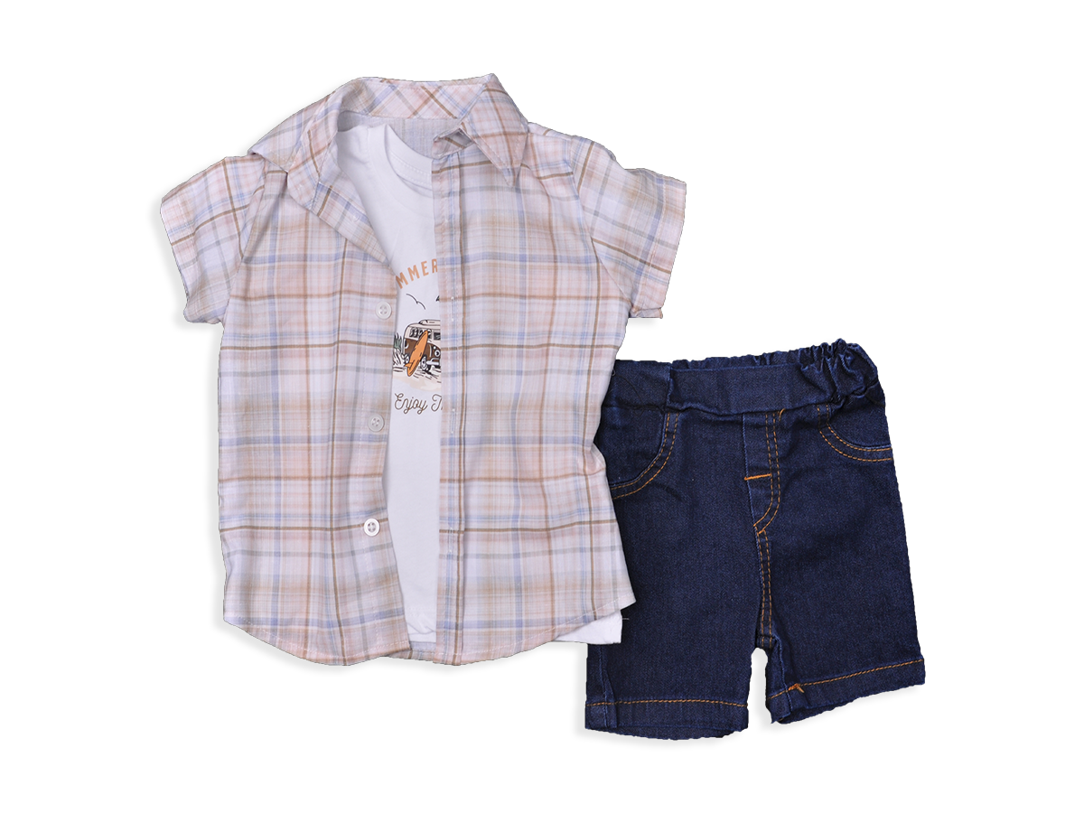 ERKEK 9-24 AY BADİSİ BASKILI KETEN GÖMLEK 3’LÜ TAKIM 