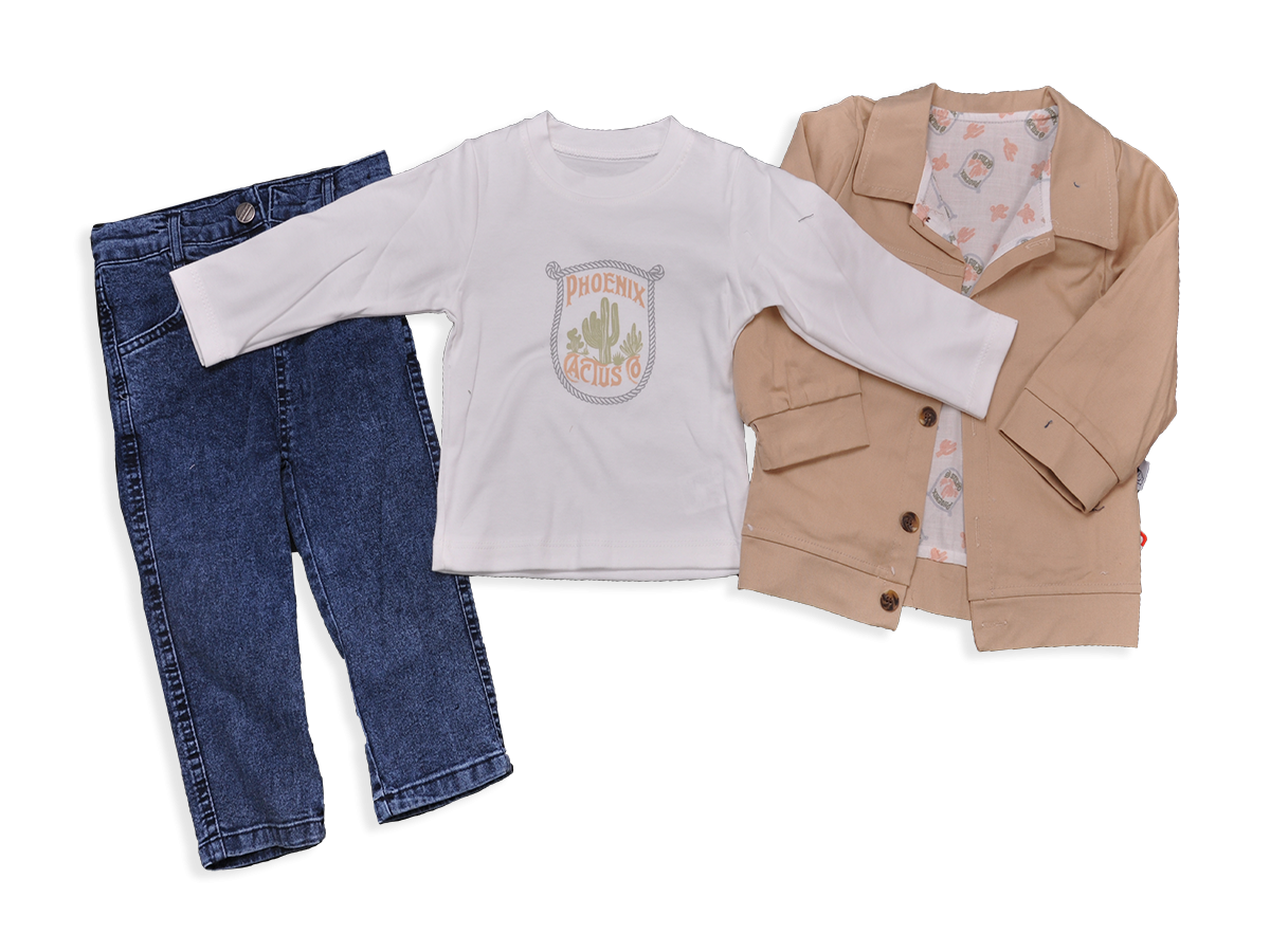 KAKTÜS BASKILI KOT PANTOLONLU ERKEK 3LÜ TAKIM